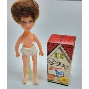 Vintage Miss Matchbox 1970s Lesney Doll with Original Box and Display Stand 5"
